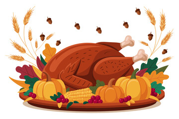 Thanksgiving Day roasted turkey tray with gravy and stuffing, seasonal vegetables, festive family feast artwork, holiday card poster, vector illustration