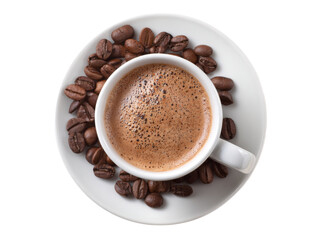 Fototapeta premium Aromatic espresso coffee cup surrounded by roasted beans, Isolated On Transparent Background