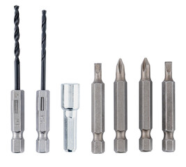 set of drill bits and screwdriver bits, on a white background