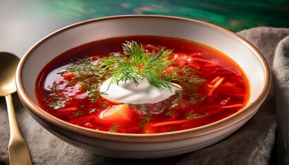 vibrant russian borscht soup garnished with dill and sour cream
