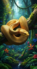Fototapeta premium A golden snake gracefully coils around a branch in a lush, vibrant jungle setting, bathed in warm sunlight.