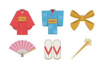 Traditional kimono costume icons with obi bow folding fan and wooden sandals, Japanese clothing vector set for culture projects
