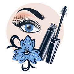 Mascara on the background of a female eye with long eyelashes and a flower vector image for advertising flyer and banner