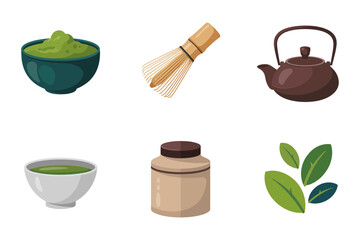 Japanese tea ceremony set with matcha bowl bamboo whisk clay teapot tea leaves minimal vector icon collection for cafe branding