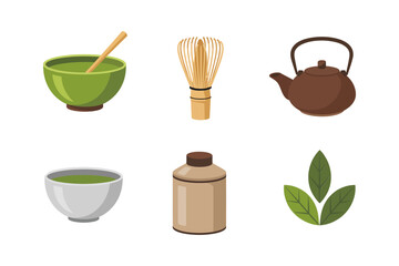 Matcha tea tools and utensils, whisk scoop bowl teapot jar leaves, Japanese beverage preparation vector set for kitchen and cafe