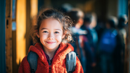 back to school Young girl with curly hair wearing a red jacket and backpack, smiling brightly in a school hallway filled with other students and warm sunlight