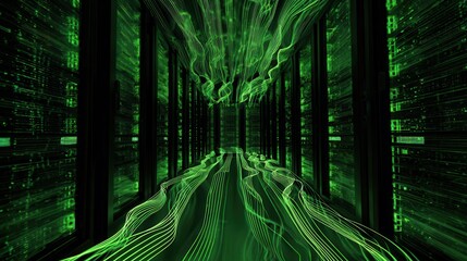 Fototapeta premium abstract background of green glowing lines in the server room