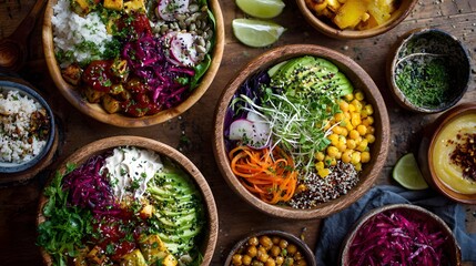 Vibrant Plant-Based Bowls with Fresh Healthy Ingredients on Rustic Wooden Background