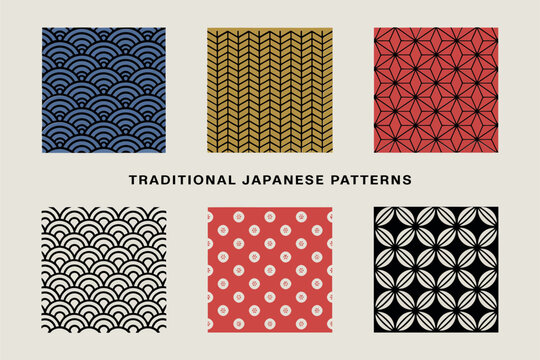 Traditional Japanese patterns poster, seigaiha asanoha kikkou shippo, geometric textile swatches, vector graphic