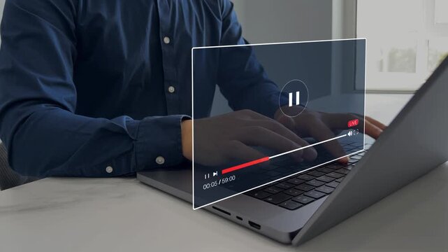 Person watching online live business training,conference.Live digital multimedia player.Digital online live stream window. Video streaming on internet media.	
