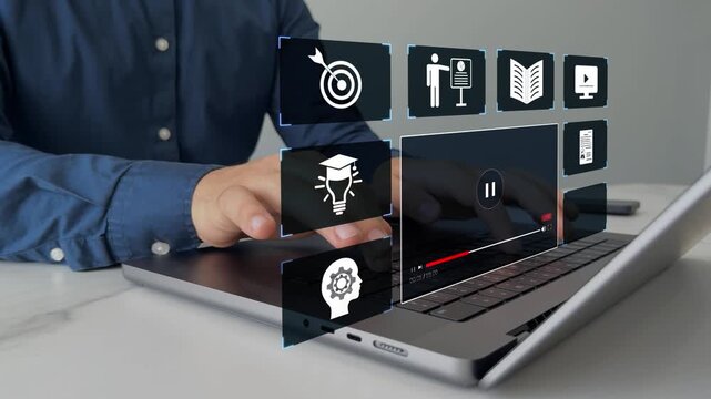 E-learning education.Education internet Technology.Digital internet lessons and online webinar on virtual screen.Person who attends online lessons on a digital technology screen.	