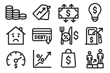 Set of 12 black inflation and household expense icons in flat vector style with white background, perfect for financial apps, budgeting, and economic design.