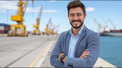 Smiling man against a vibrant harbor backdrop showcasing life and energy by the waterfront