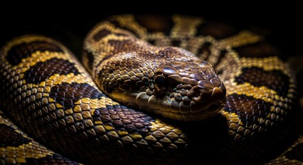 Obraz premium Close-up of a snake's intricate skin patterns in a dark setting, showcasing the detailed texture and color variations.