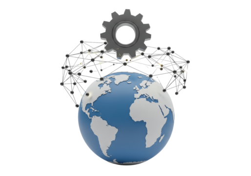Isolated Earth globe under a gear wheel with network nodes, connecting the world tech