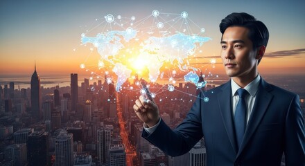 A global network concept, showcased by a businessman interacting with a digital world map over a cityscape at sunrise.