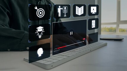 E-learning education, online webinar,business training and internet lessons. Live conference.Digital education internet technology.Man who attends online lessons on a digital technology screen.