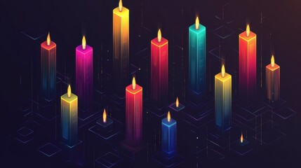 Colorful isometric candles burning brightly on a dark background with glowing circuit lines.