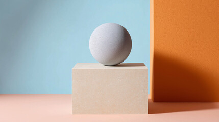 A smooth gray sphere resting on a beige cube, set against a pastel background creating a minimalist geometric composition.