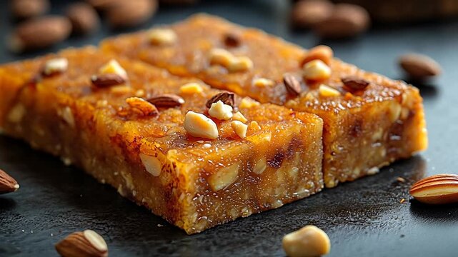 Close-up of three golden-brown energy bars topped with almonds and nuts.