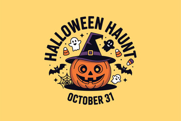 Halloween haunt pumpkin badge logo, witch hat and bones, October 31 typography, vintage spooky emblem, party sticker, vector illustration