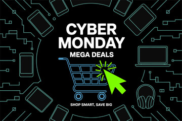 Cyber Monday deals background, outline gadgets pattern, glowing cart and arrow, modern tech sale vector