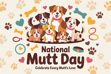 National mutt day design with cute puppy lineup, collars bones and paw icons, warm community pet celebration vector