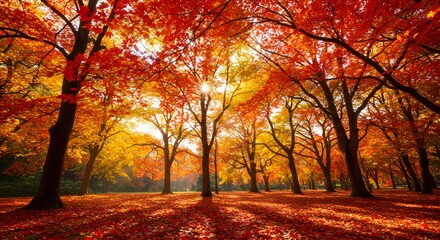 Fototapeta premium Golden Hour Over a Forest of Bright Red and Orange Autumn Trees