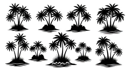 Fototapeta premium Silhouette of palm trees on tropical islands isolated on transparent background