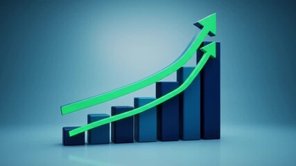 A 3D render of a bar graph with rising green arrows indicating upward financial growth and positive trends.