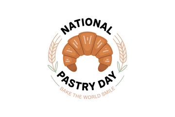 National pastry day logo with croissant and laurel branches, clean minimal badge style, bakery product promotion vector