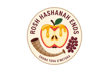 Rosh Hashanah ends round badge, honey dripping on apple shape, shana tova u metuka text, vector label, sticker, greeting emblem