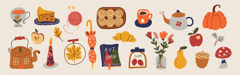 Cozy autumn elements set with cute hand-drawn doodles. Pumpkin, candle, mug, pie, apple, fall leaves, and seasonal icons. Flat vector illustration for autumn and Thanksgiving designs.