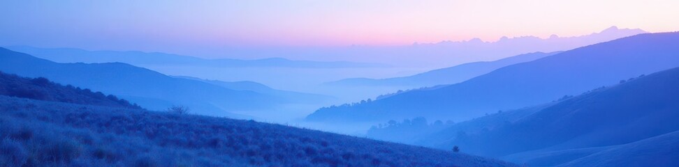 Fototapeta premium Blue mist swirls around rolling hills gentle terrain blending blue and purple shades peaceful atmosphere, gentle, rolling hills