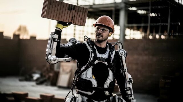 Male laborer in advanced exoskeleton suit hoisting a brick block with ease demonstrating augmentation technology improving lifting capacity on site.