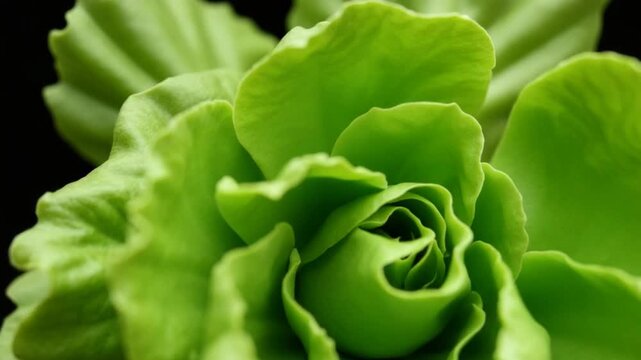 Lettuce leaves with drops of water fly up and fall down. Top view. On a black background. Filmed on a high-speed camera at 1000 fps.