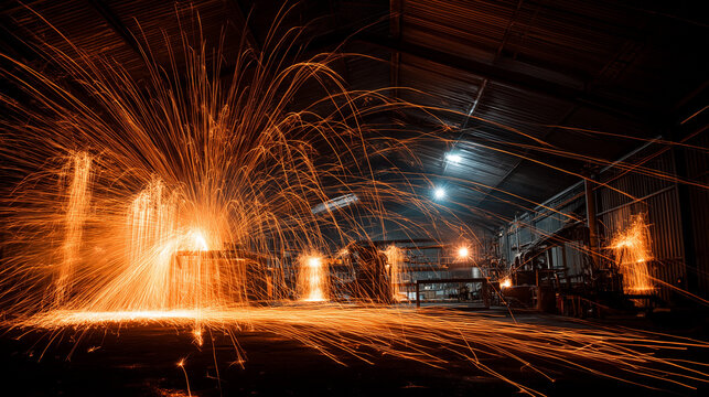 An industrial workshop scene filled with glowing sparks from active metalwork, capturing energy, heat, and craftsmanship