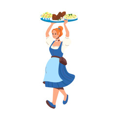 Woman in folk dress carrying tray of halbes Hendl with potato salad and noodles perfect for Oktoberfest ads menus food festivals or German cultural promotions