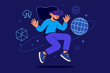 Person wearing VR headset interacting with virtual globe and icons, immersive tech.