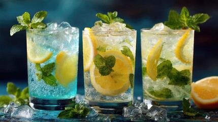 Three refreshing drinks with lemon and mint