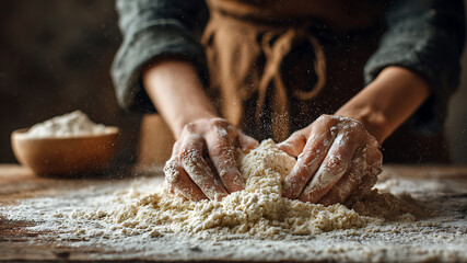 Flour-Dusted Hands Kneading Dough in Warm, Rustic Light