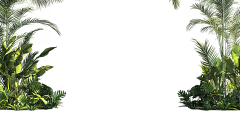 Dark silhouette of a human head and shoulders framed by lush green tropical foliage isolated on transparent background