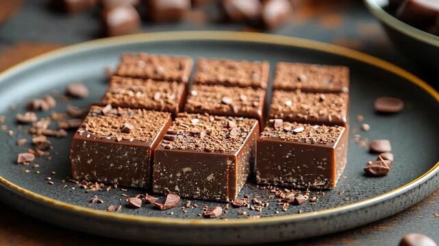 Close-up shot of chocolate fudge squares on a dark plate, sprinkled with cocoa powder.