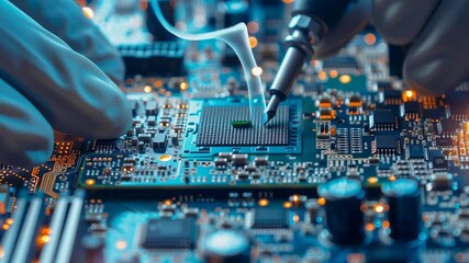 A man is working on a computer chip. Concept of precision and focus as the man carefully handles the delicate electronic components. The scene suggests that the man is likely a technician or engineer