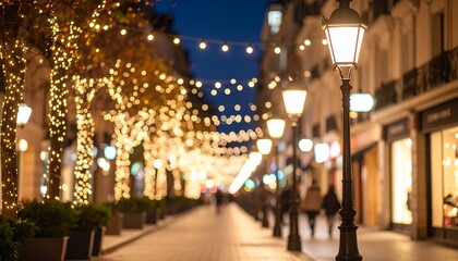 Parisian Street with Christmas Lights, and Night.
