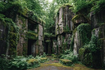 Ancient Abandoned Quarry with Gigantic Stone Blocks Covered in Moss and Ivy, Serene and Mysterious Scene