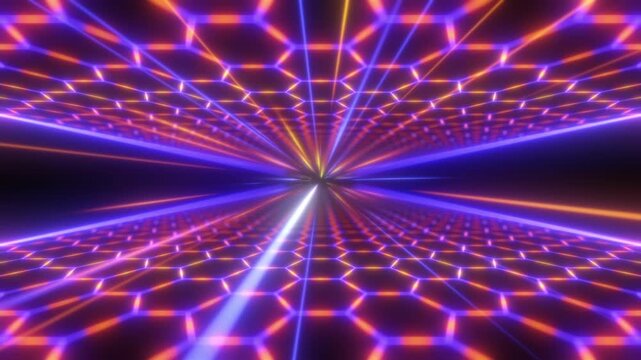 Infinite Neon Hexagonal Tunnel Animated Motion Background Seamless Loop Orange Violet