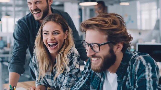 Three people are smiling and laughing while looking at a computer screen. The man on the right has a beard and is wearing glasses. The woman on the left has blonde hair and is smiling