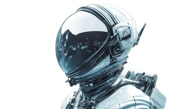 Detailed depiction of a retro-futuristic astronaut costume in metallic silver, isolated on a white background.