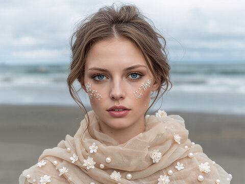 Young woman with pearl and floral embellishments on face and shawl at beach female portrait